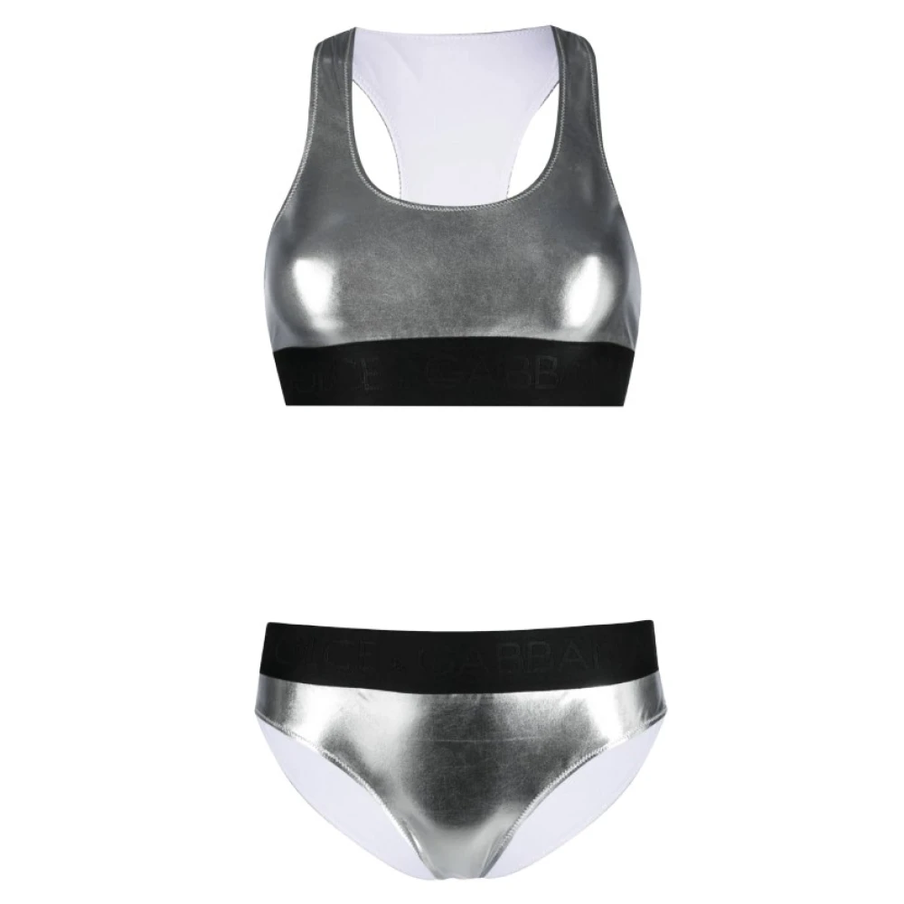 Dolce & Gabbana Metallic-Effect U-Hals Bikini Gray Dames