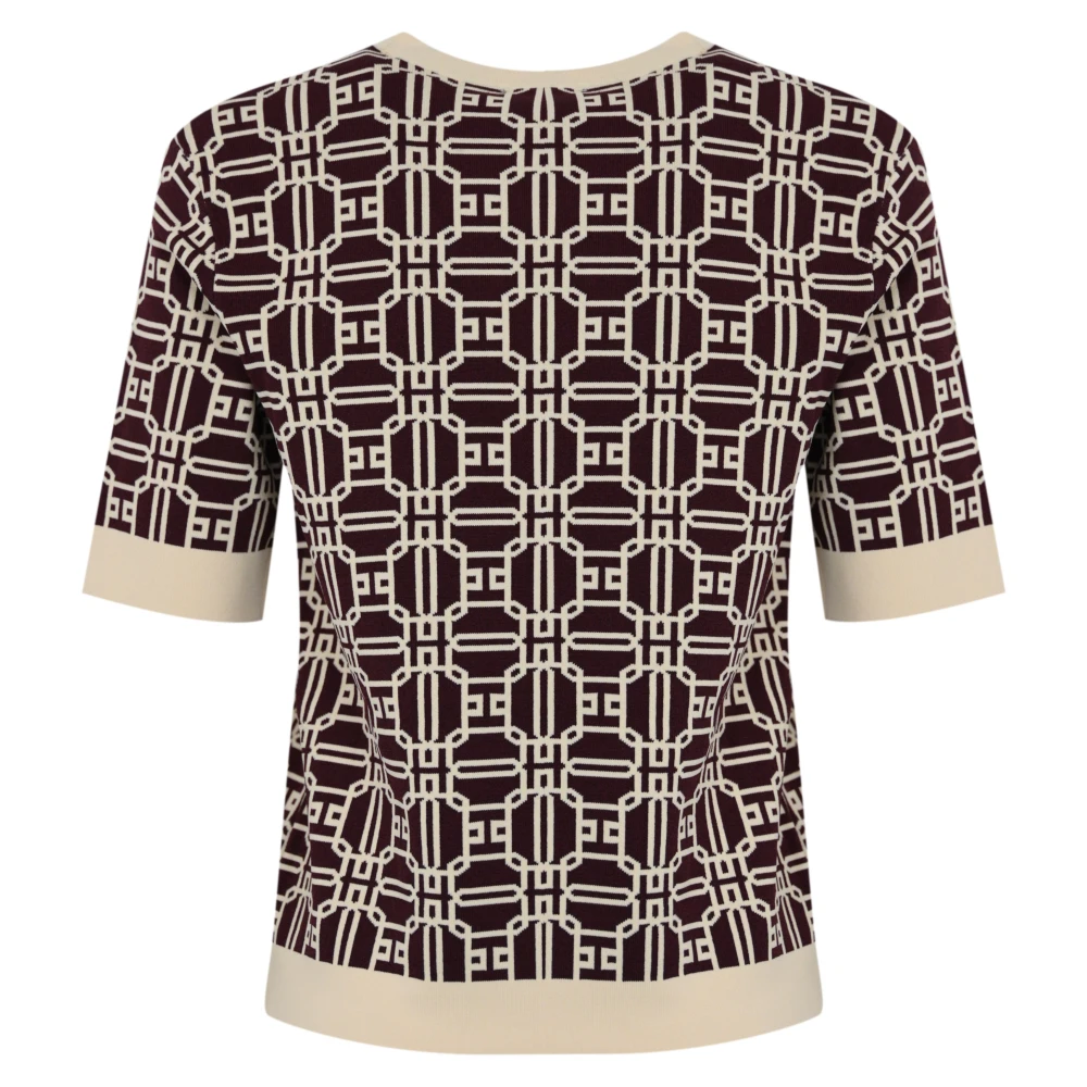 Elisabetta Franchi Korte Mouw Jacquard Top met Logo Print Brown Dames