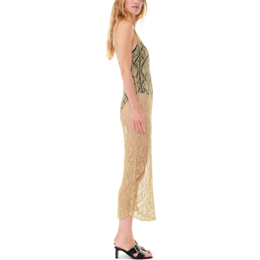 Ganni Metallic Textuur Diepe V-Hals Jurk Yellow Dames