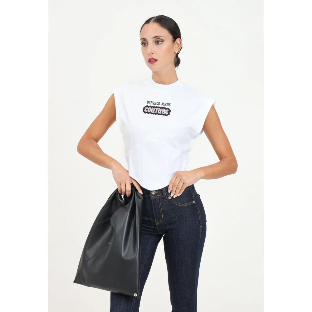 Versace Jeans Couture Witte Gotische Logo Geborduurde Mouwloze T-shirt White Dames