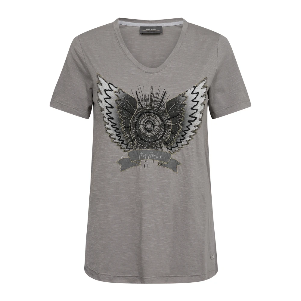 MOS MOSH Geborduurd T-shirt met V-hals Gray Dames