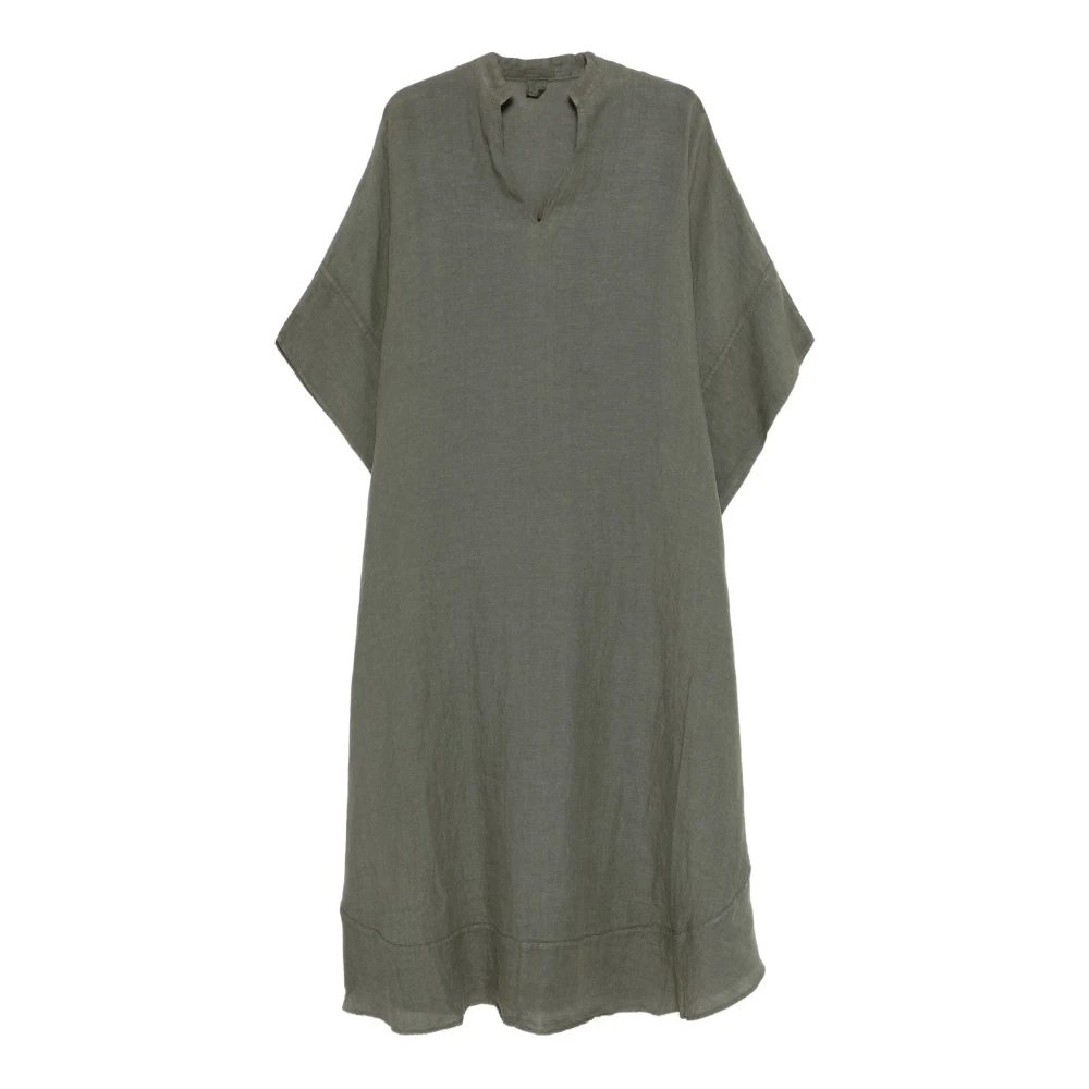 120% Lino Green Midi Dresses, Female, M, Linen Kaftan V-Neck Side Slits