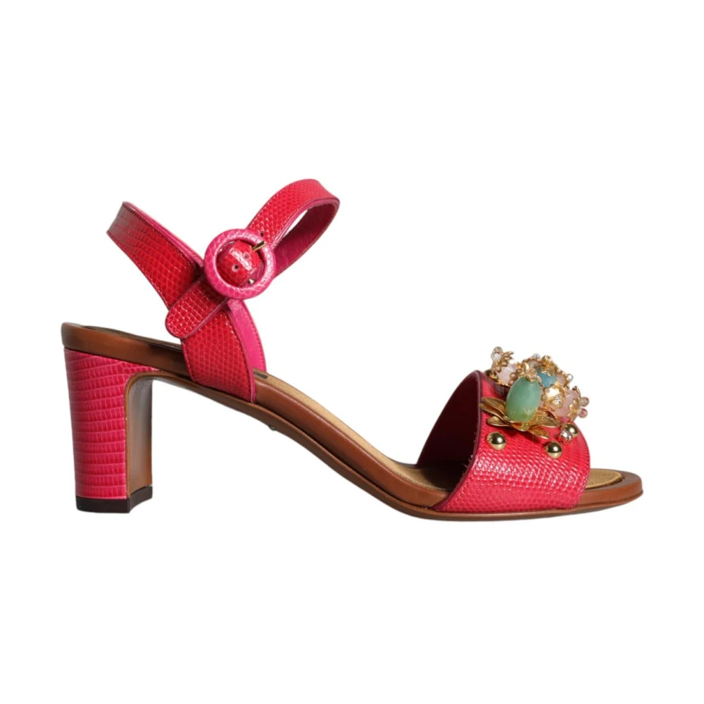 Dolce & Gabbana Women's Pink Fuchsia Leather Embellished Keira Sandals - High Heel Sandals - 3 Uk - Shoes