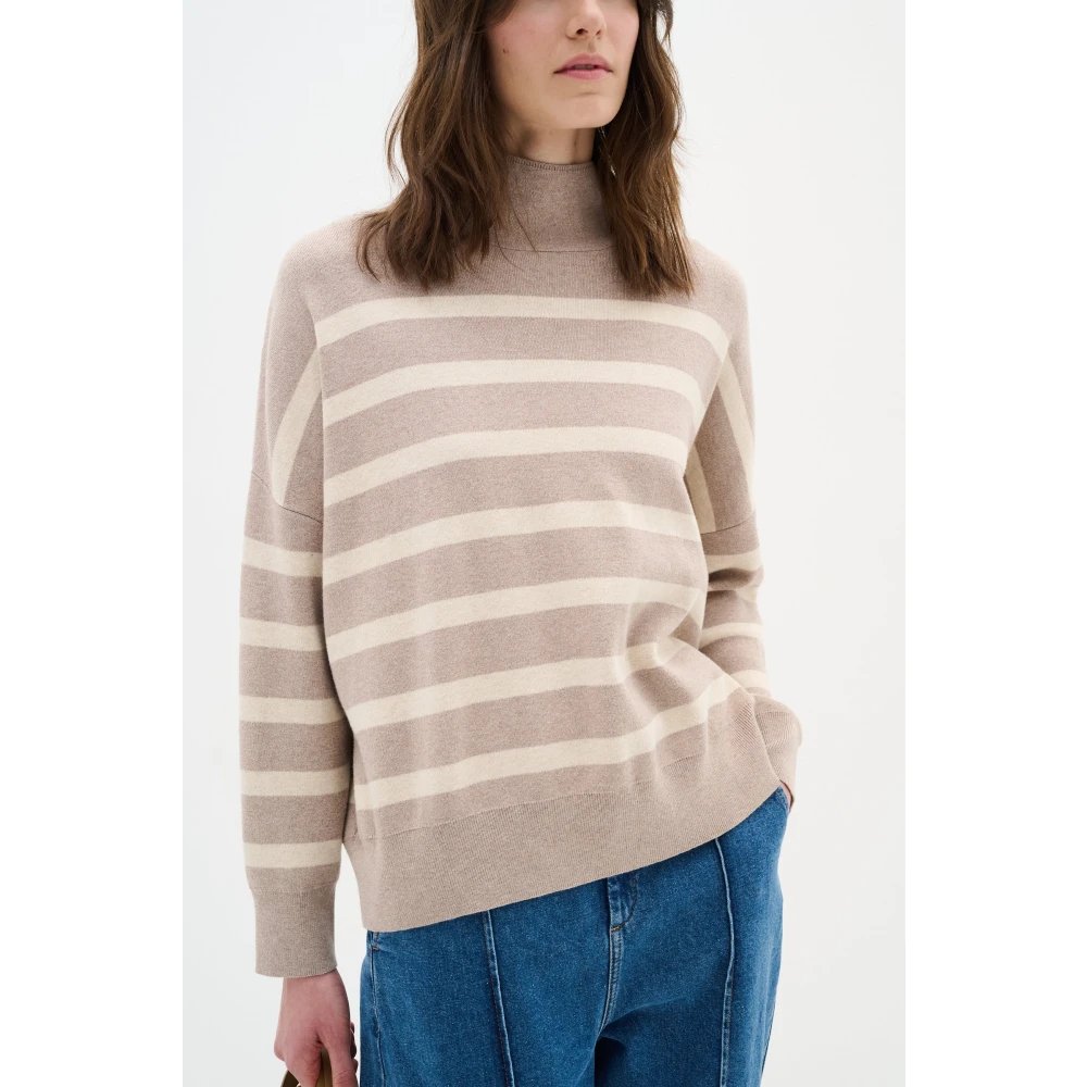 InWear Gestreepte Turtleneck Pullover Zandgrijs Beige Dames
