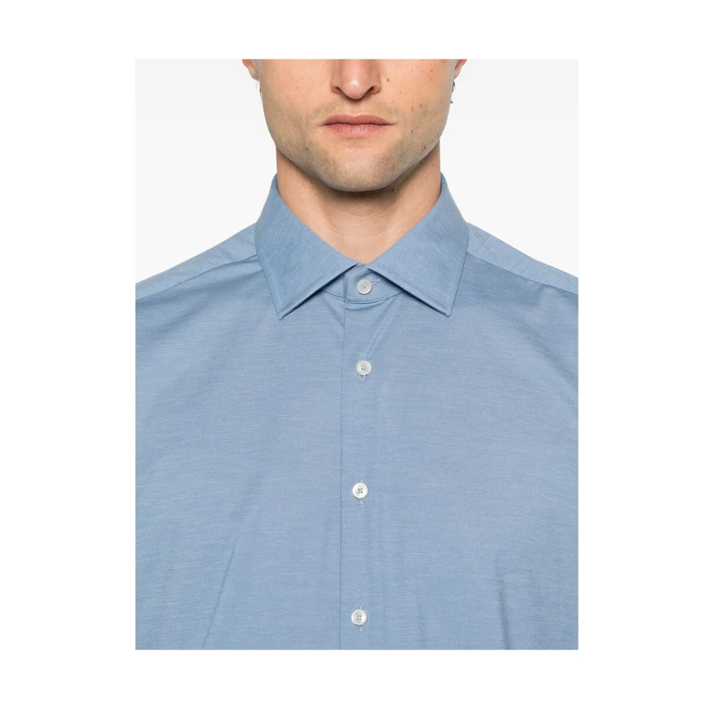 Xacus Blauwe Stretch Jersey Knoopshirt Blue Heren