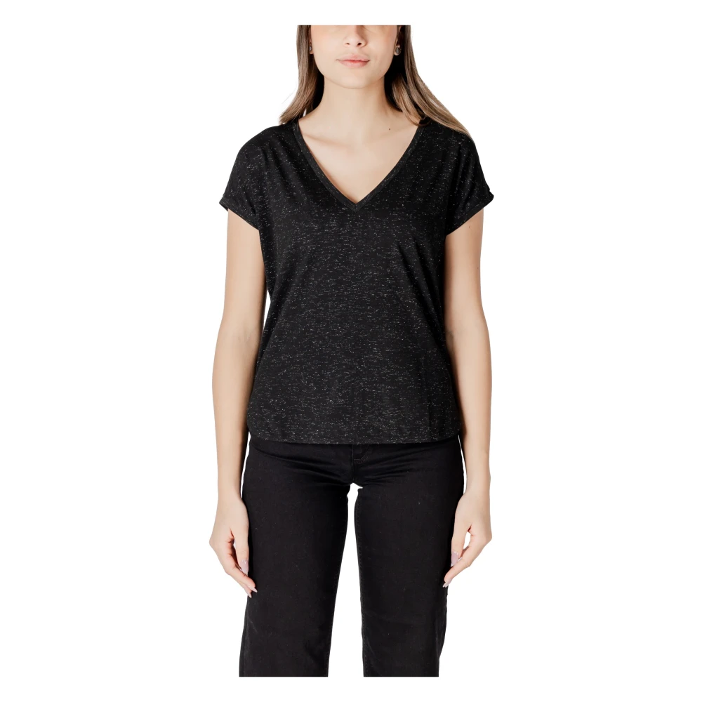 Ichi Zwarte V-hals T-shirt met korte mouwen Black Dames