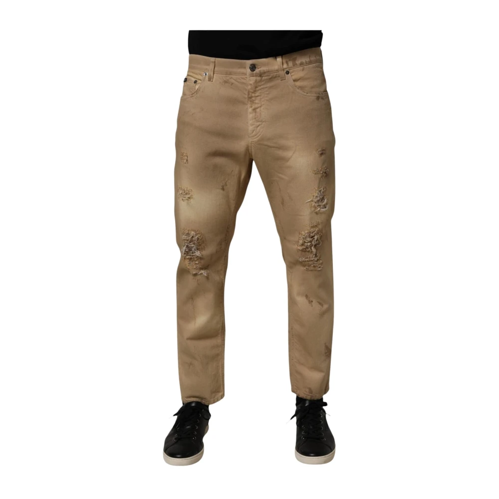 Dolce & Gabbana Men's Beige Loose Tattered Denim Jeans