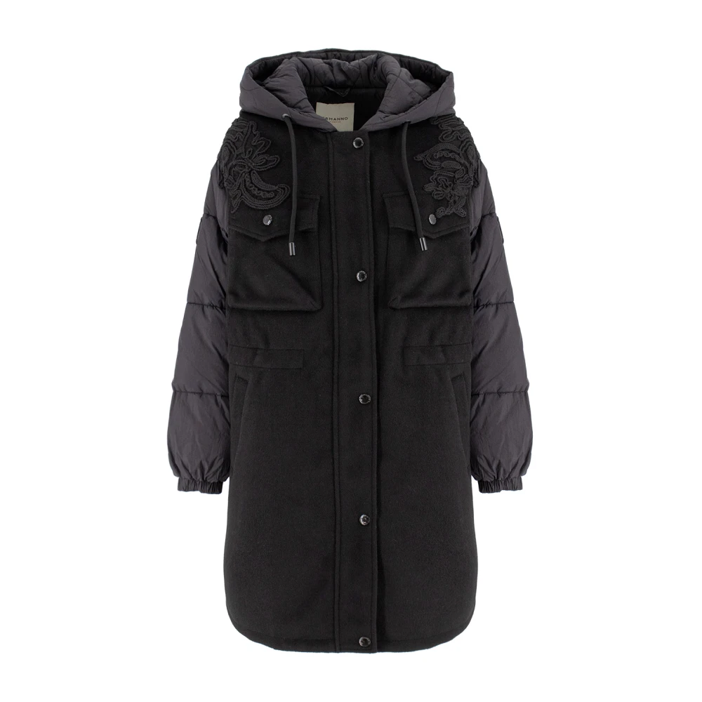 Ermanno Scervino Bi-materiaal Bloemenapplicatie Parka Black Dames