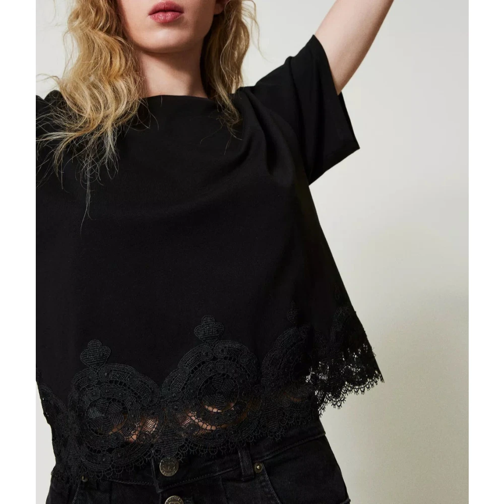 Twinset Geknipte Kant T-shirt met Macramé Black Dames
