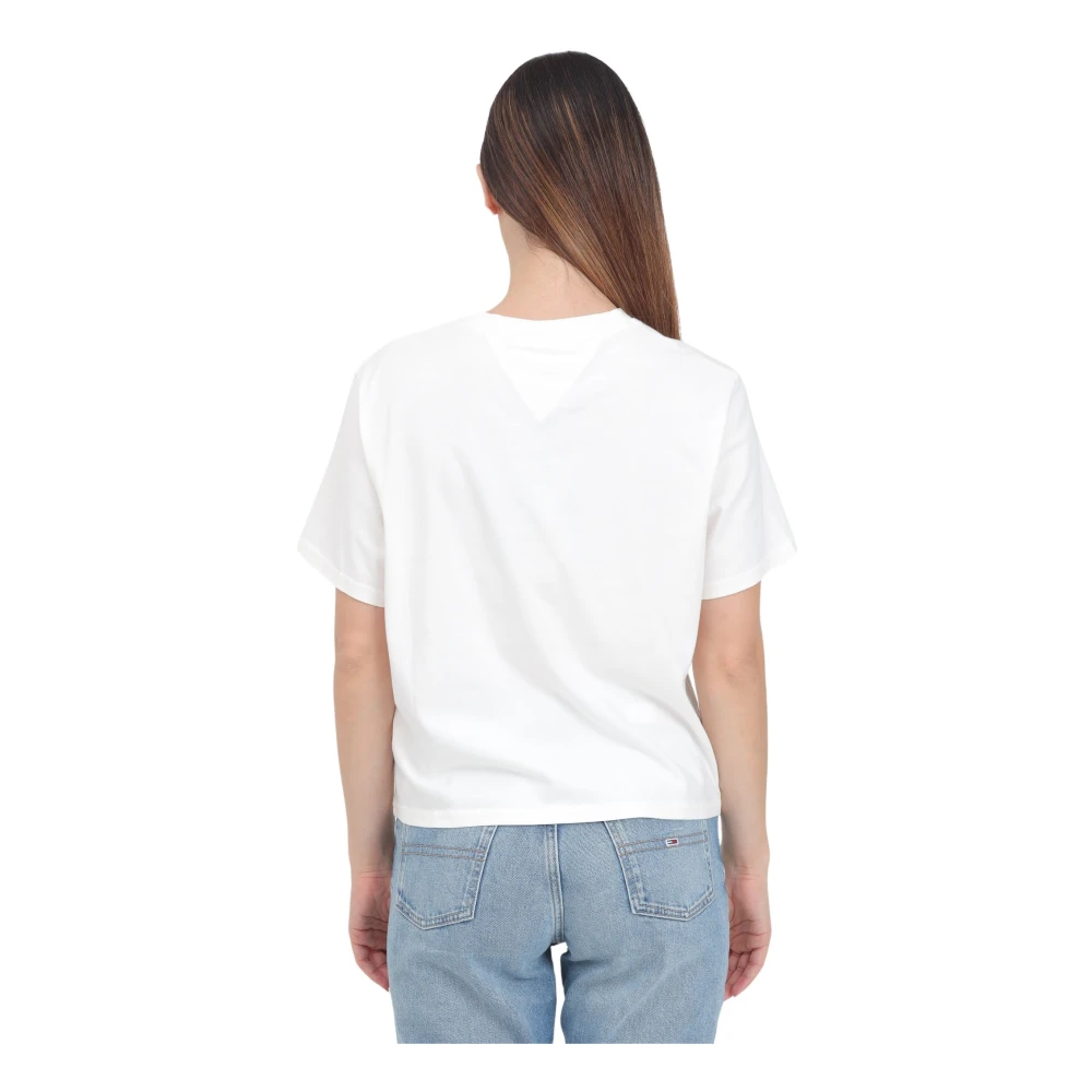 Tommy Jeans Witte Streetwear T-shirt met Vlag Badge White Dames