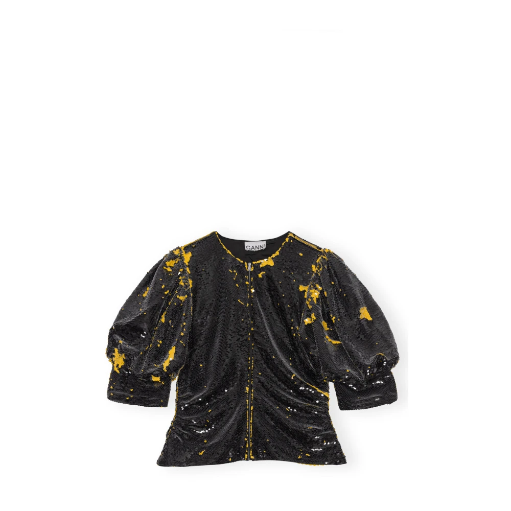 Ganni Women's Black Blouses, S, Sequin Zip Blouse