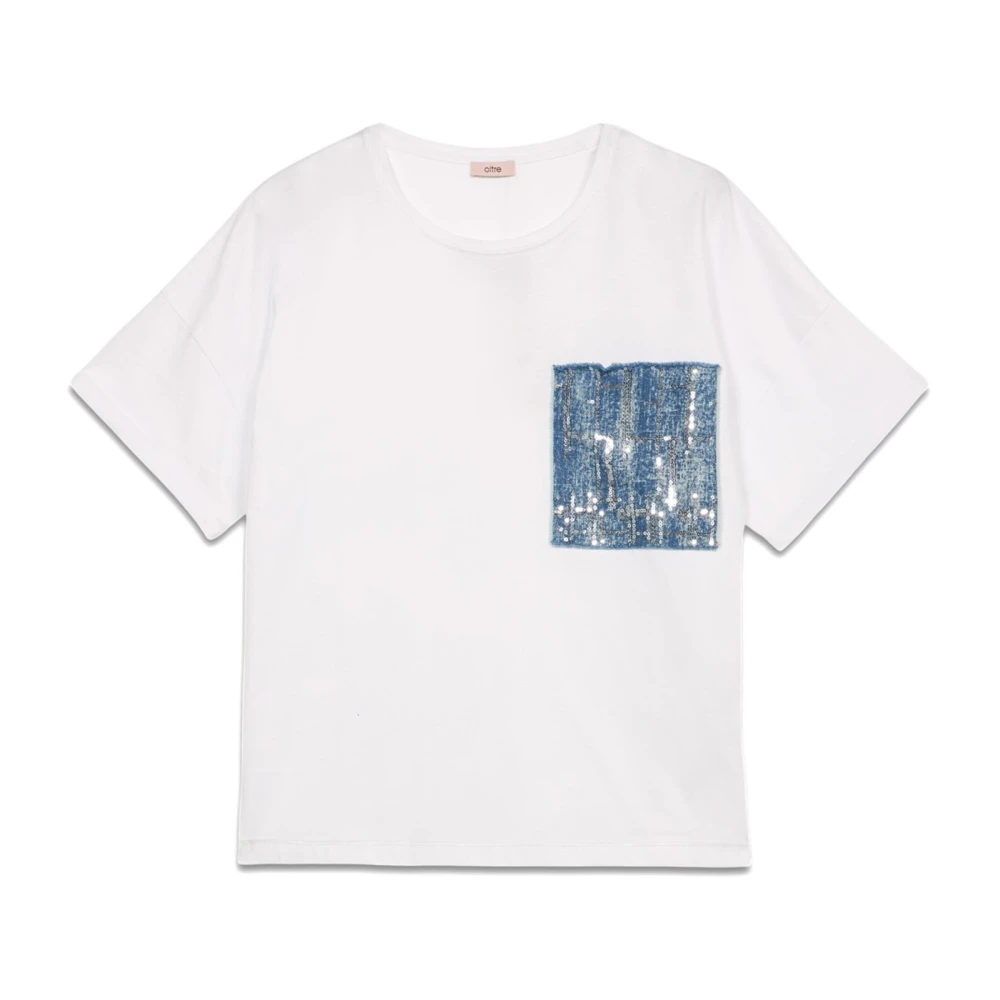 Oltre T-shirt met denim zak en pailletten White Dames