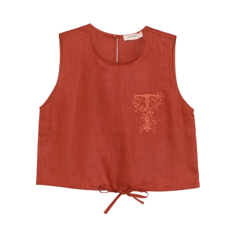 Twinset Women's Brown Linen Crop Top - Sleeveless Tops - M - Tops