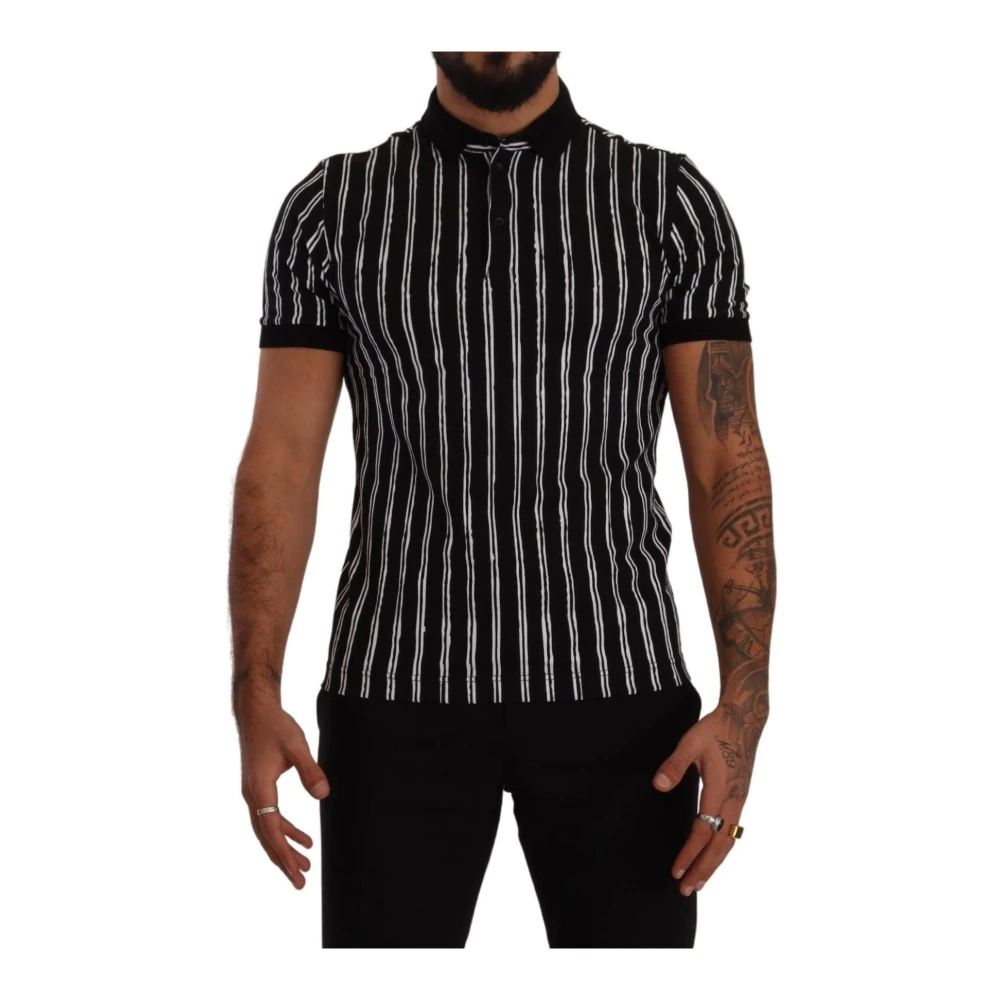 Dolce & Gabbana Men's Black Polo Shirts,, Striped Polo T-Shirt In Extra Small