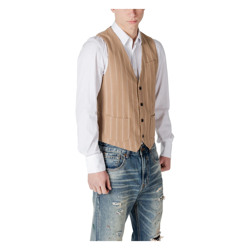 Gianni Lupo Pinstripe V-Neck Sleeveless Gilet Beige Heren