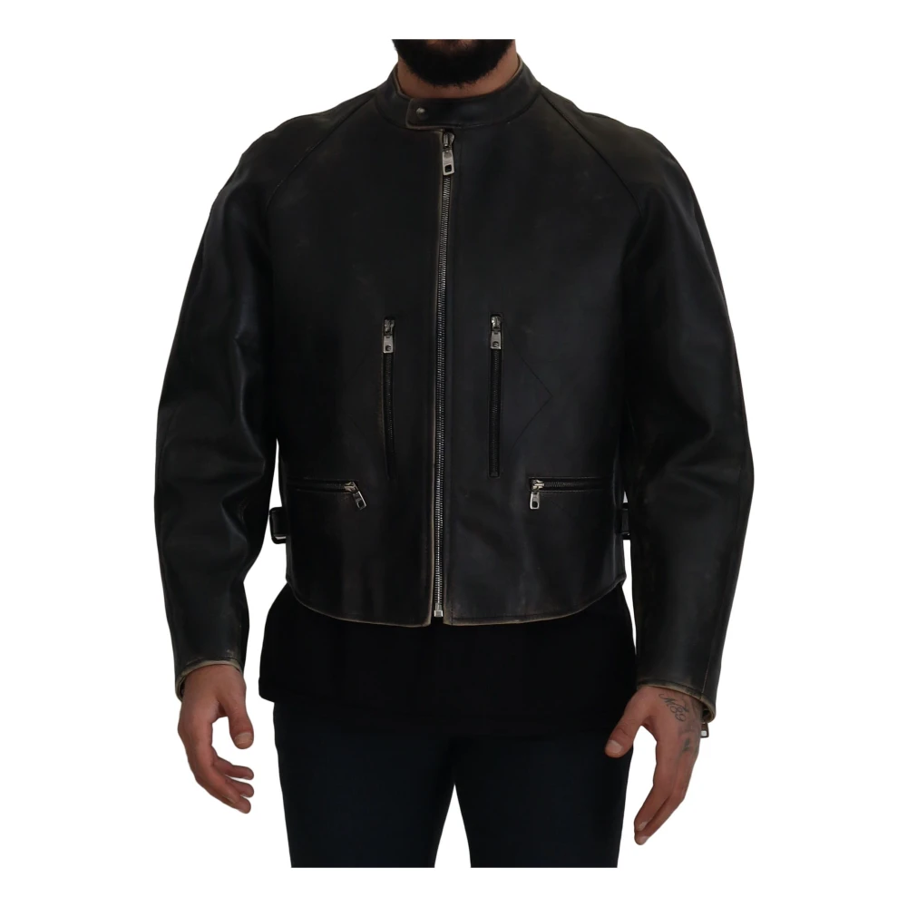 Dolce & Gabbana Men's Black Leather Jackets, 2XL, Leather Zipper Biker Coat Jacket
