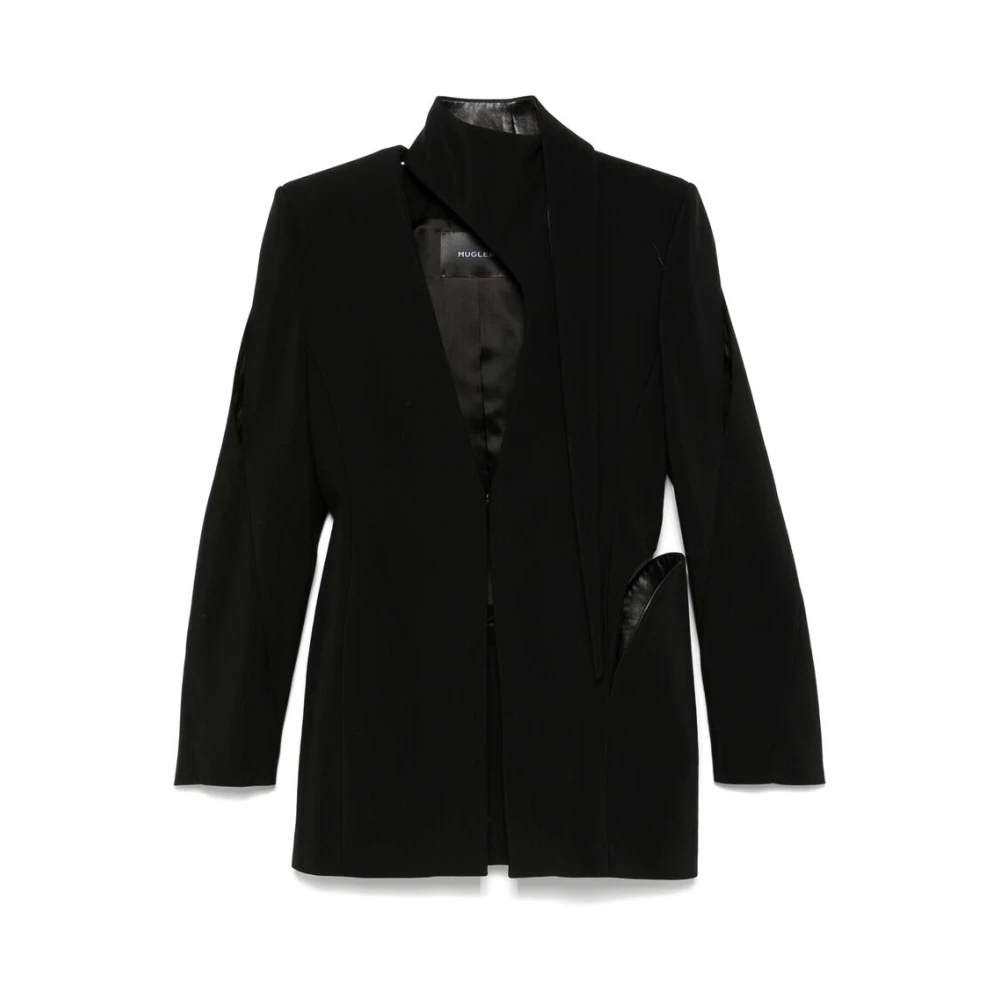 Mugler Zwarte Twill Weave Jas met Leren Afwerking Black Dames