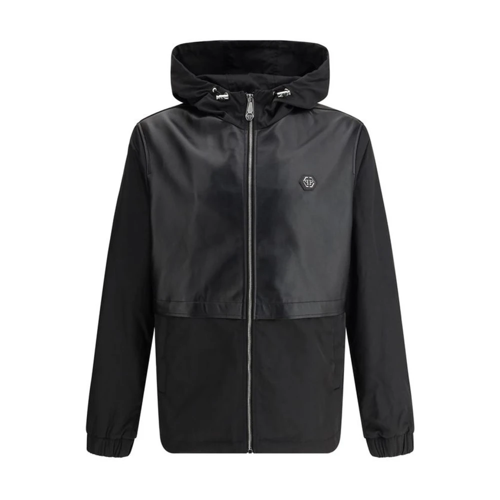 Philipp Plein Leren Hoodie met Logo Plaque Black Heren
