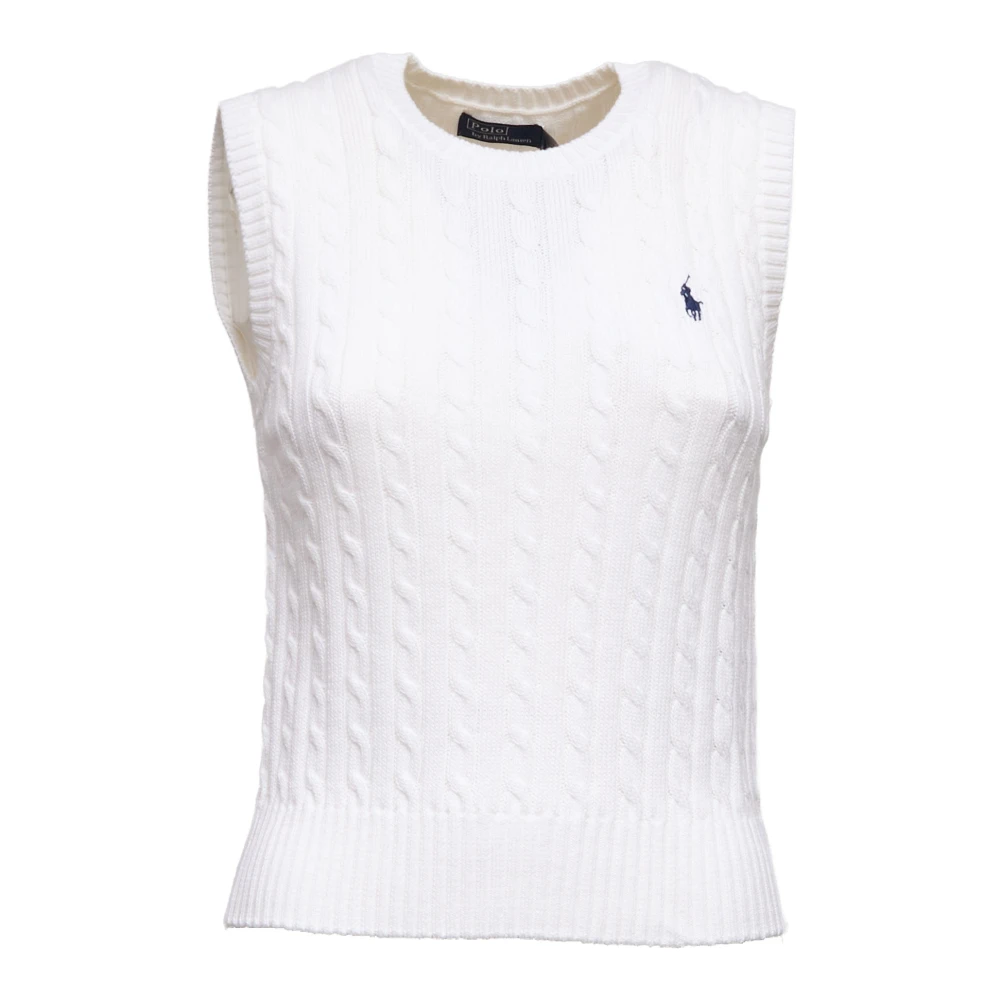 Polo Ralph Lauren Women's White Round-Neck Knitwear, Xl, Cable Knit Gilet