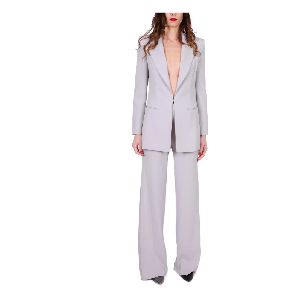 Elisabetta Franchi Elegant Crêpe Pak met Lange Jas en Wijde Broek Gray Dames