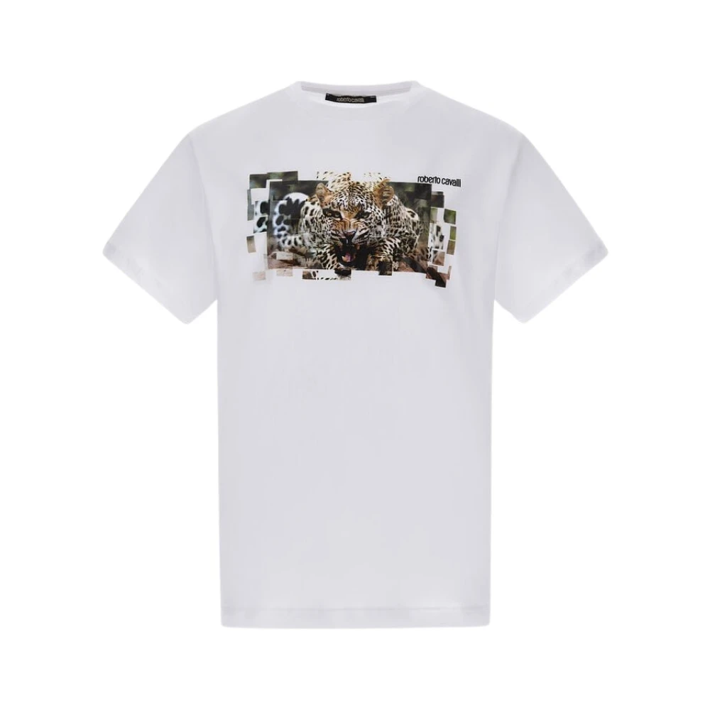 Roberto Cavalli T-shirt met Jaguar en Slangenprint White Heren