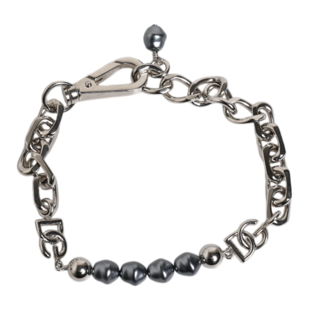 Dolce & Gabbana Uomo Grigio - Bracciale Con Catena Argentata E Perle - Accessories - One Size