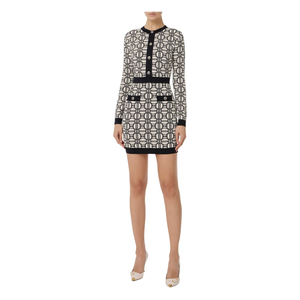 Elisabetta Franchi Witte Monogram Jurk met Gouden Accessoire White Dames