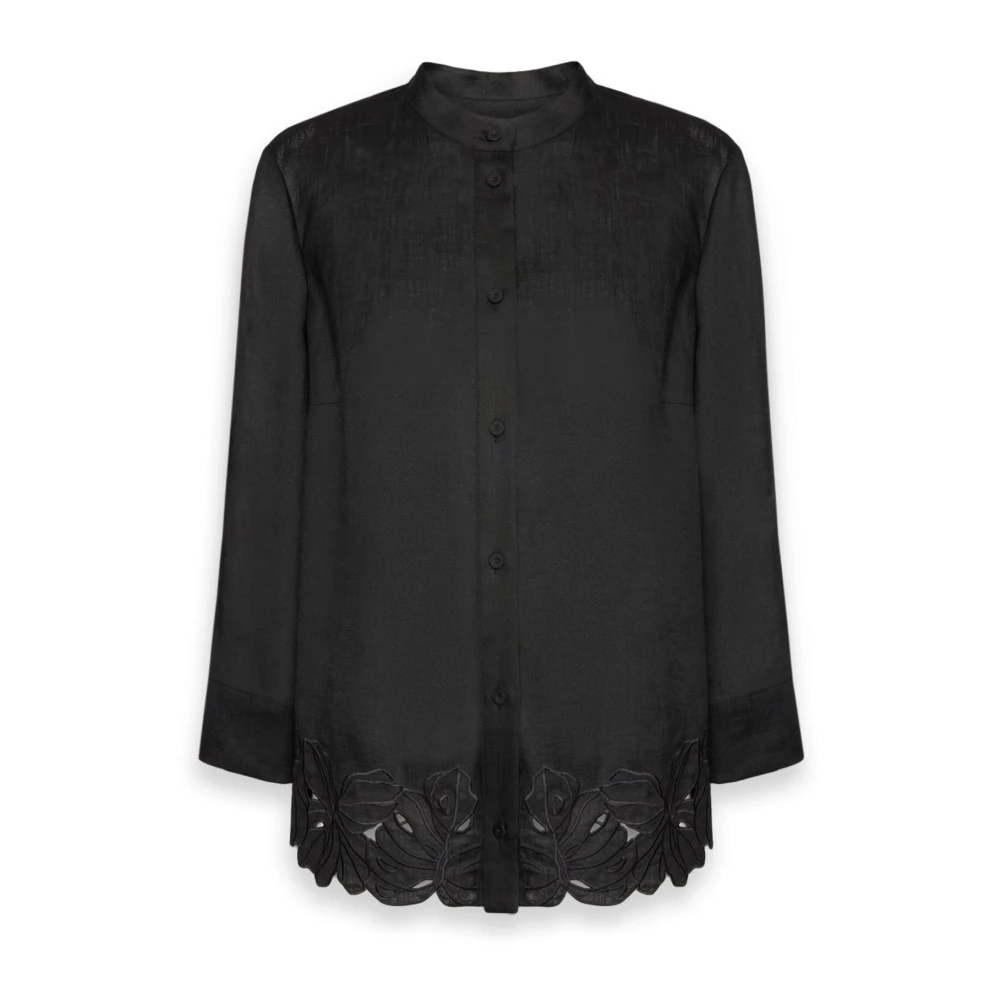 Elena Mirò Women's Black Shirts, 3XL, Linen Shirt With Embroidery
