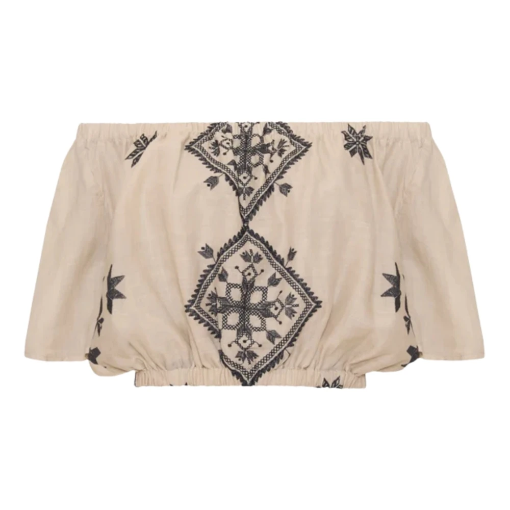 Greek Archaic Kori Donna Beige Top Ricamato Con Spalle Scoperte