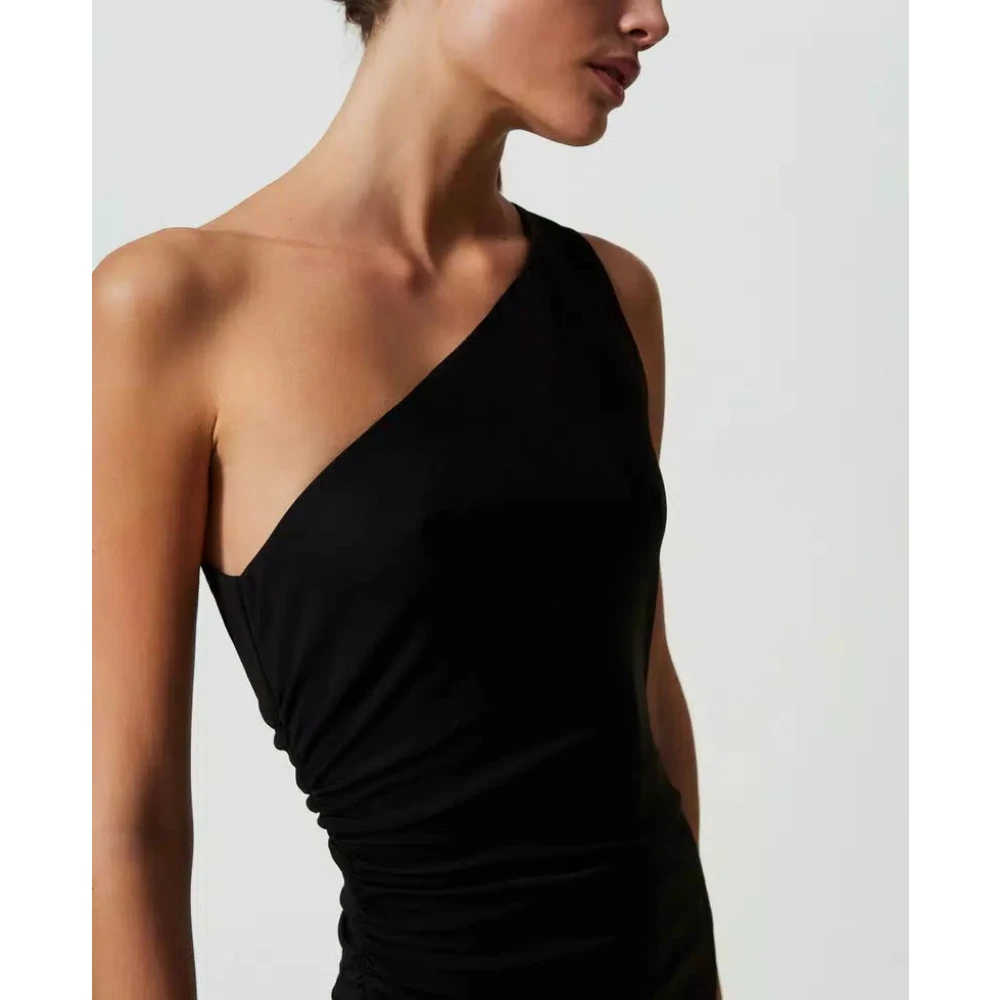 Twinset Asymmetrische Midi Jurk met Georgette Ruche Black Dames