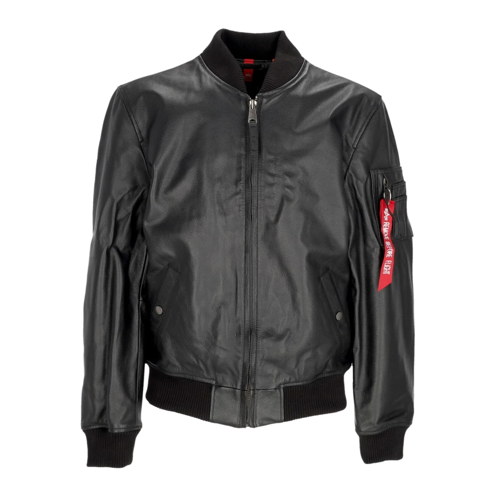 Alpha Industries Black Leather Bomber Jacket With Zip - Male - Bomber Jackets - S - Jackets