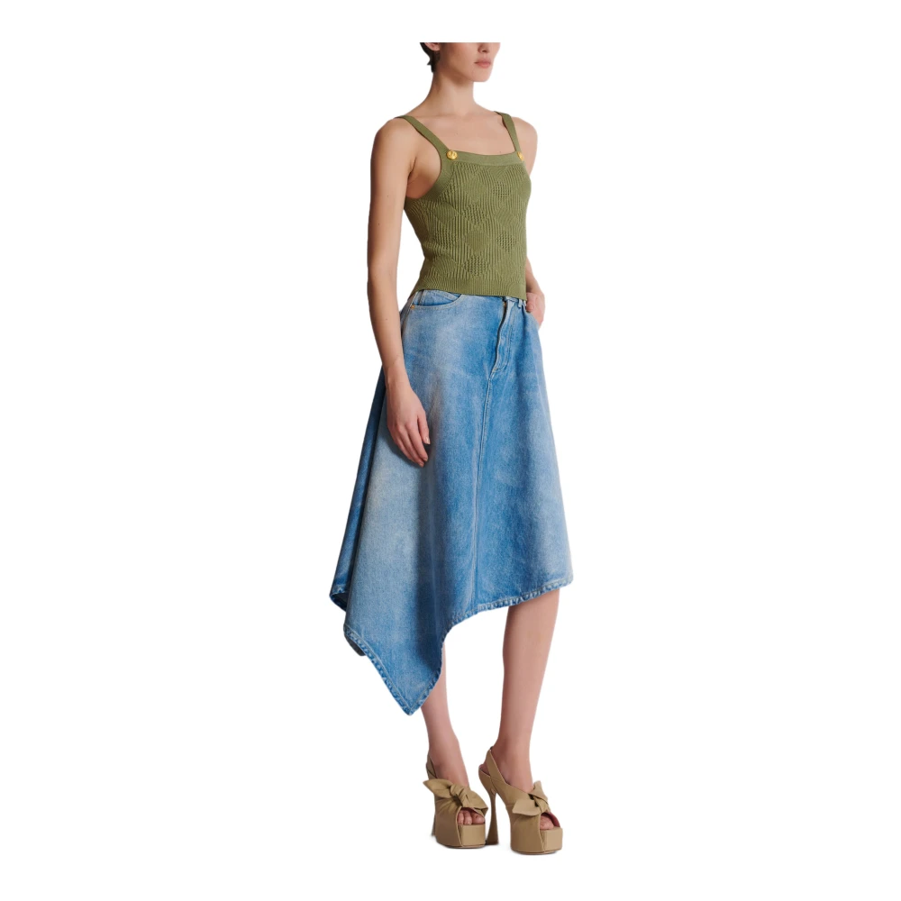 Balmain Cropped top in gingham openwork knit Green Dames