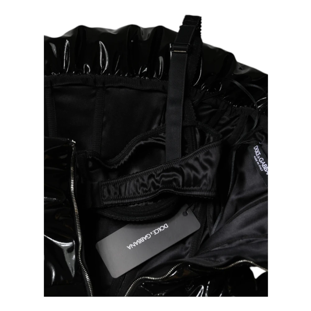 Dolce & Gabbana Zwarte Gerimpelde Coated Mini Jurk Rits Black Dames