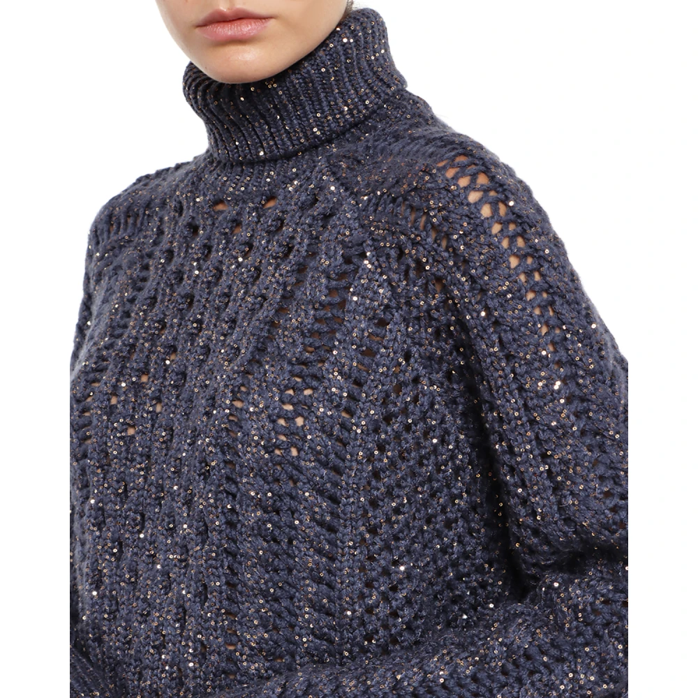 BRUNELLO CUCINELLI Paillet Turtleneck Sweater Blue Dames