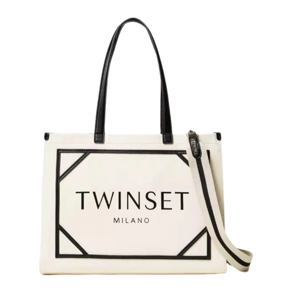 Twinset Canvas Shopper Tas met Logo Print Beige Dames