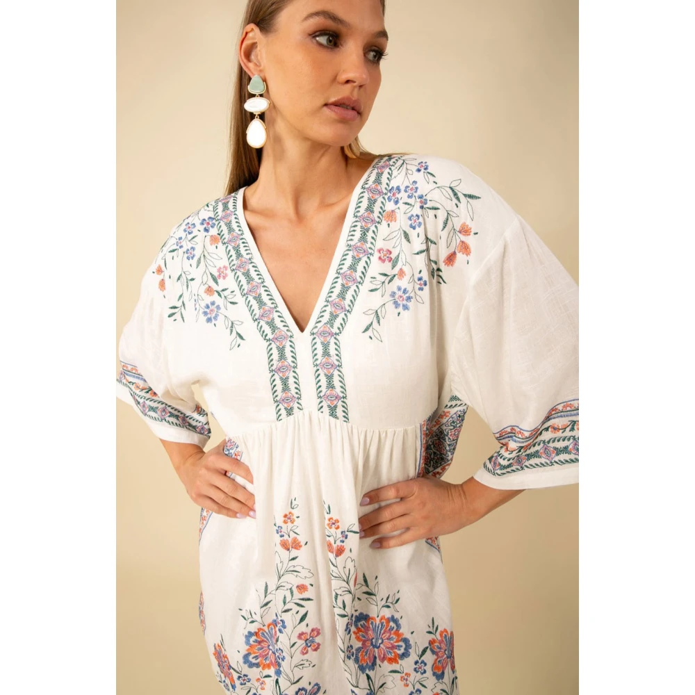 Hale Bob Geborduurde Slub-Voile Jurk met Kimono Mouwen White Dames