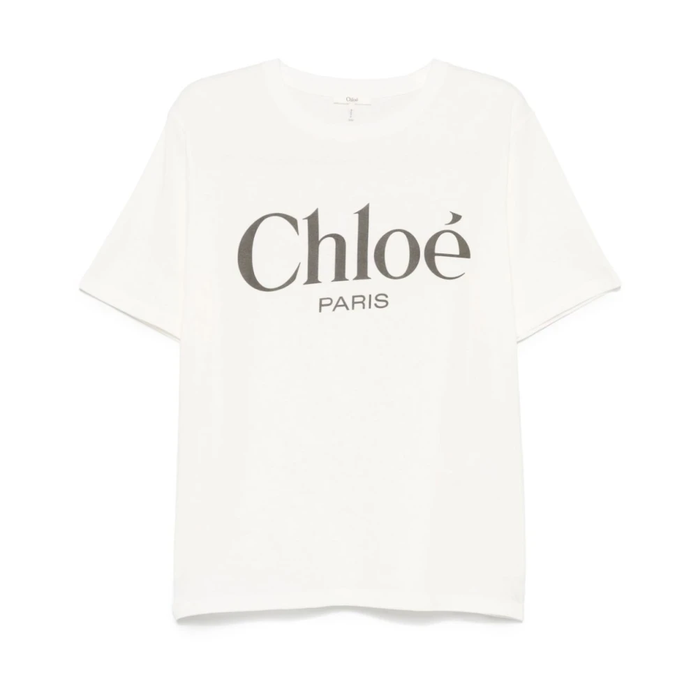 Chloé Monogram Katoenen T-shirt met Geribbelde Ronde Hals White Dames