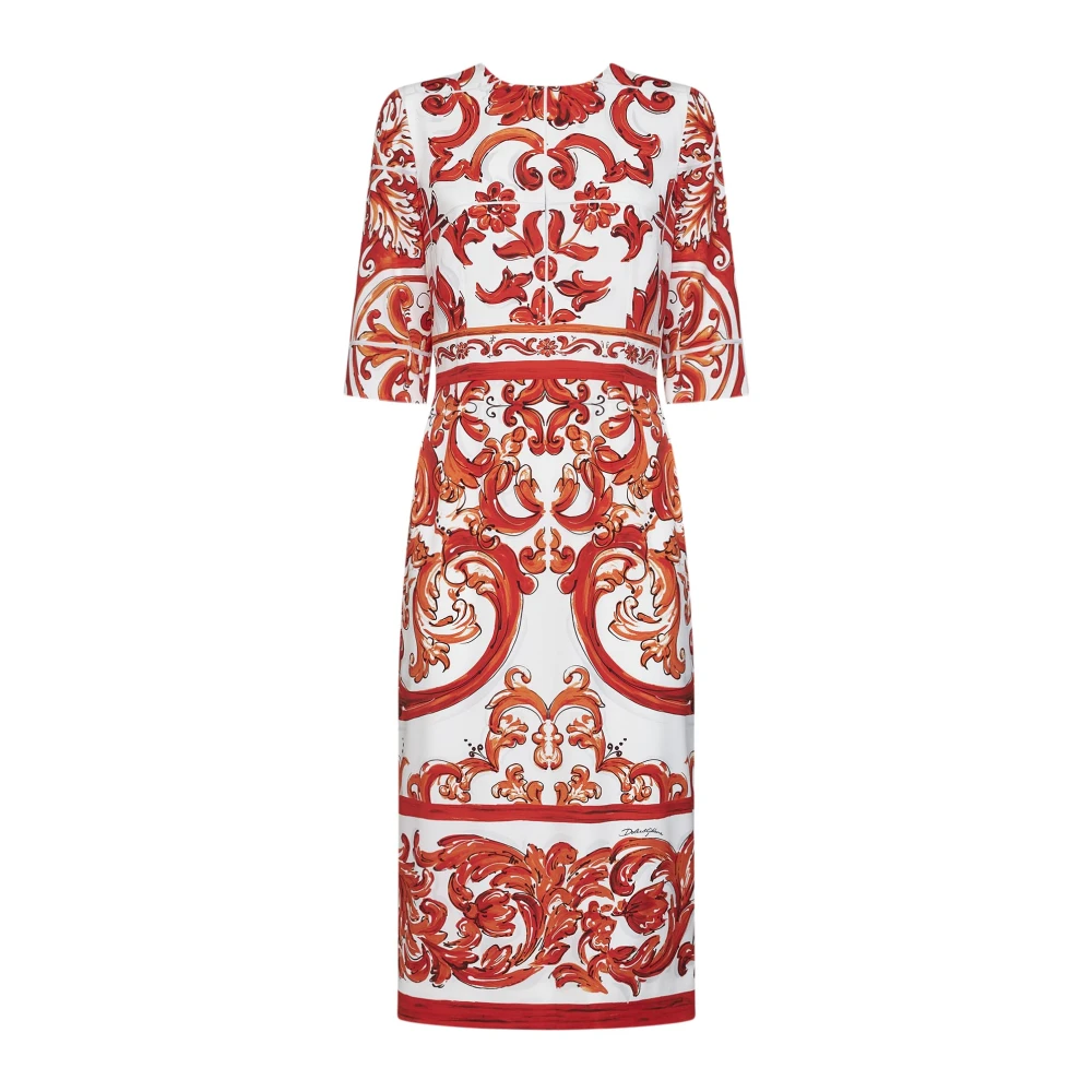 Dolce & Gabbana Orange Maiolica Print Midi Dress - Female - Midi Dresses - L - Dresses