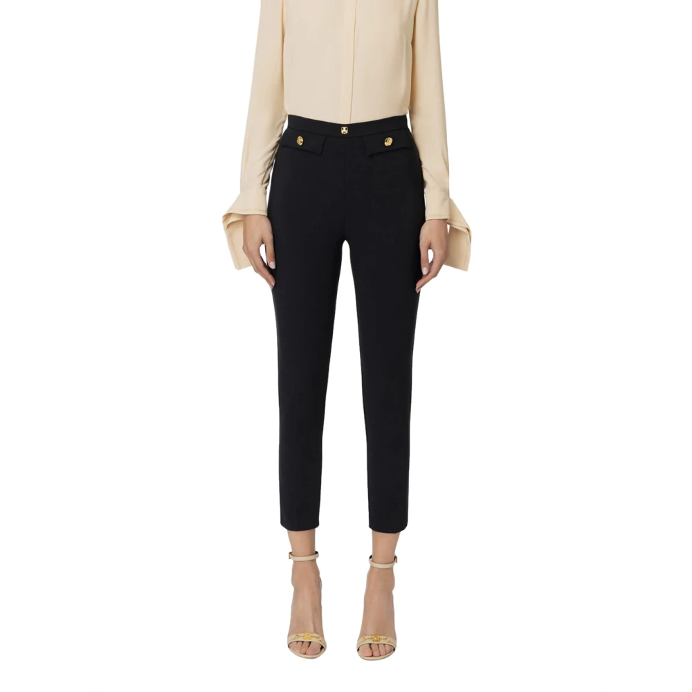 Elisabetta Franchi Zwarte rechte enkelbroek met logoklinknagel Black Dames