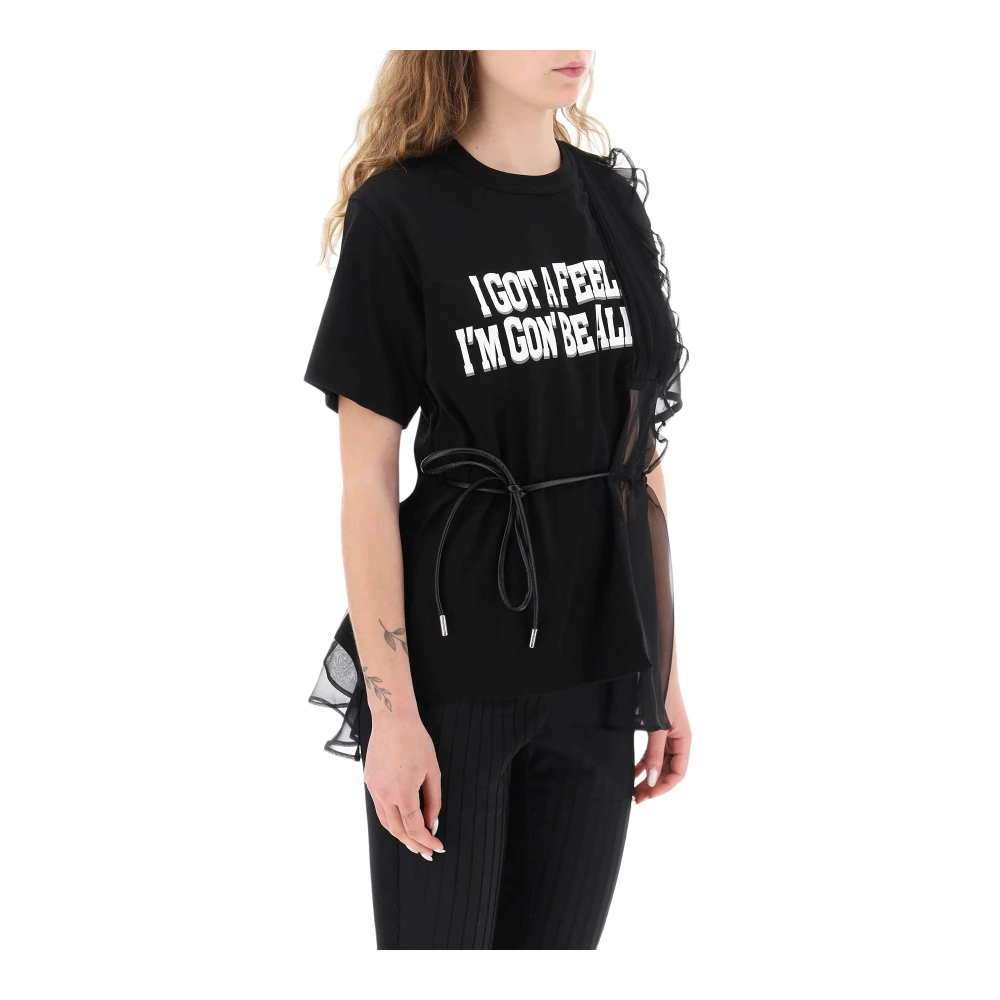 Sacai T-shirt met print en chiffon inzetstuk Black Dames