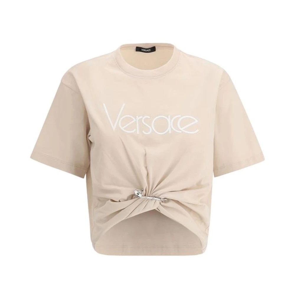 Versace Monogram Katoenen T-shirt met Medusa Pin Pink Dames