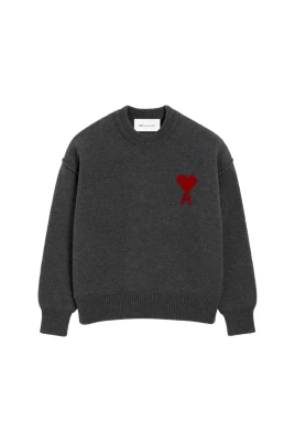 Wool Knit Crew Neck Intarsia Heart