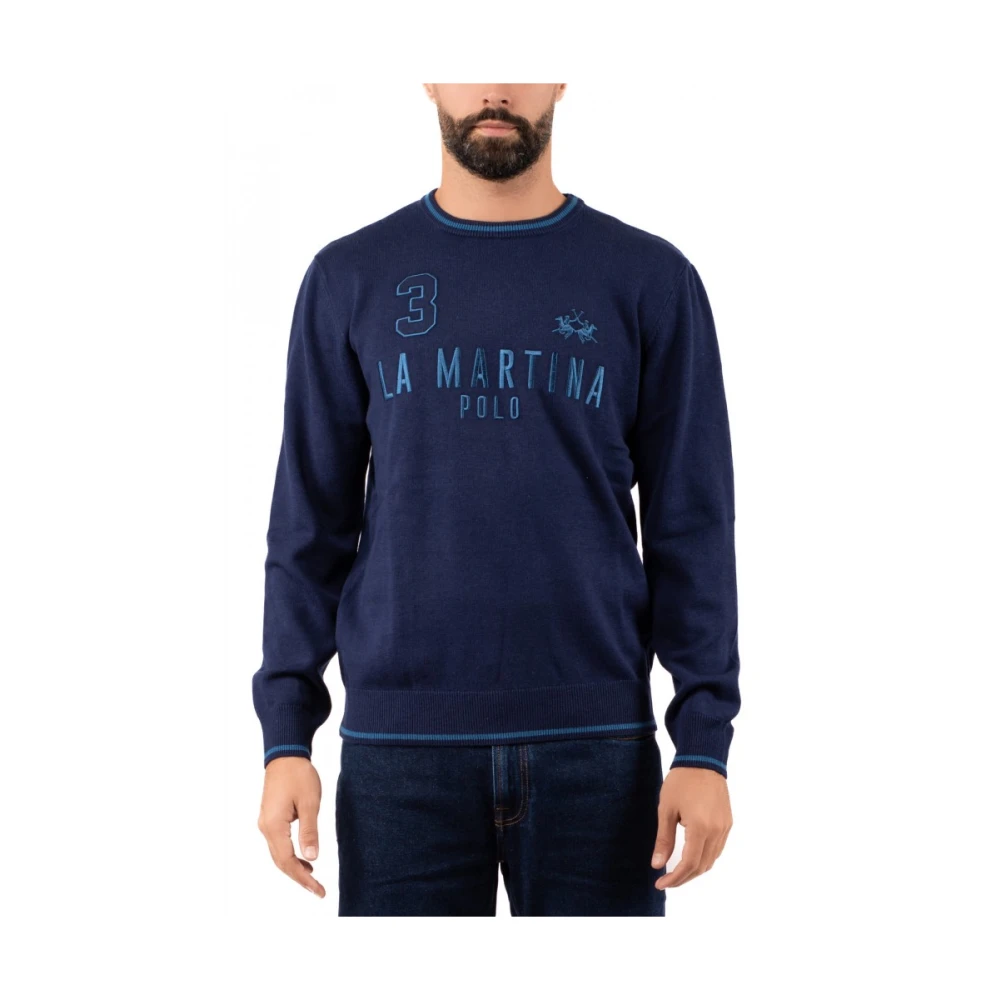 LA MARTINA Blauwe Herentrui met Voorlogo Letters Blue Heren