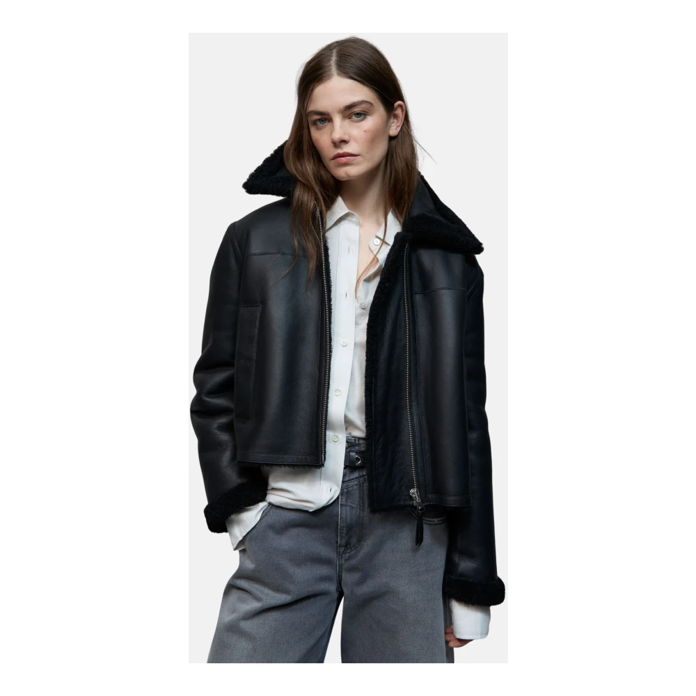 closed Aviator Style Schapenleren Jas met Zijzakken en Ritssluiting Black Dames