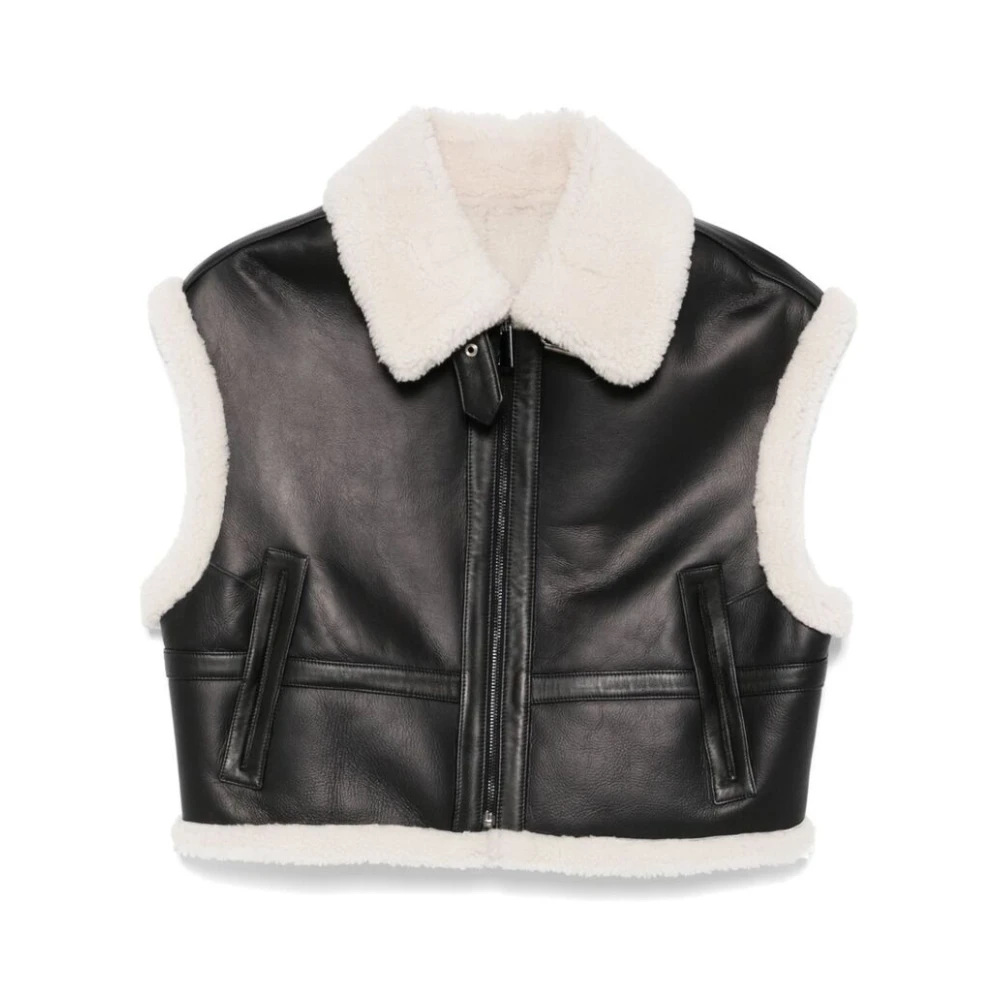 Suprema Zwarte leren shearling vest Black Dames