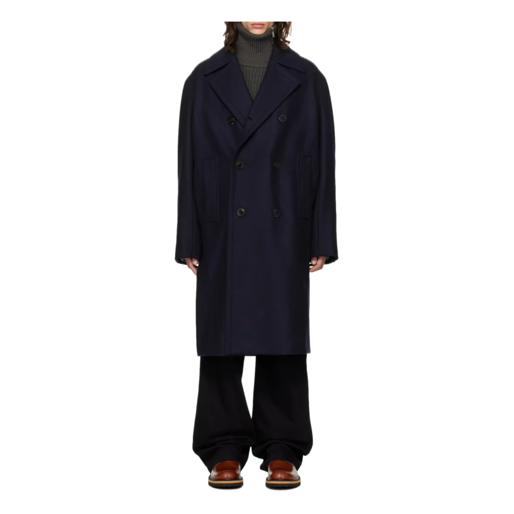 Dries Van Noten Wollen Loose Fit Mac Jas Blue Heren