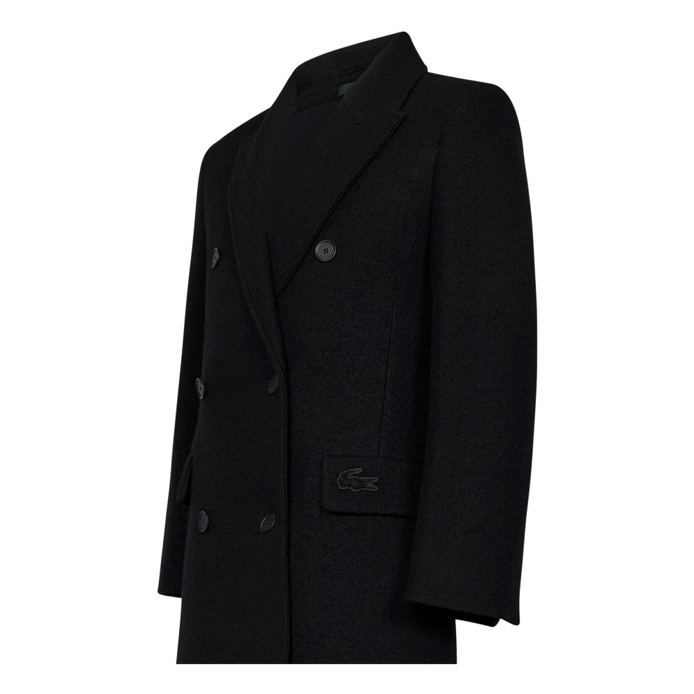 Lacoste Zwarte Bouclé Wollen Double-Breasted Jas Black Dames