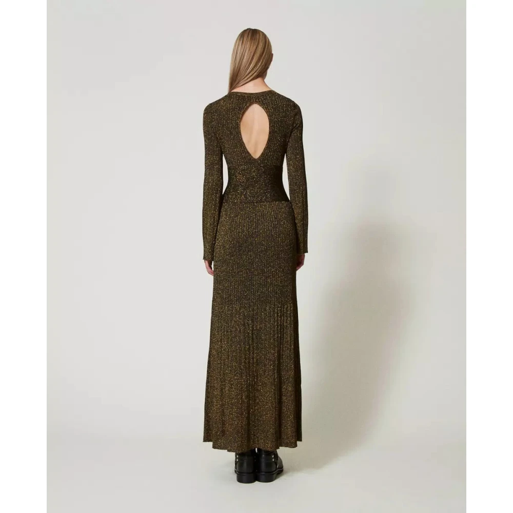Twinset Lange Gebreide Rib Jurk met Ovaal Riem Brown Dames