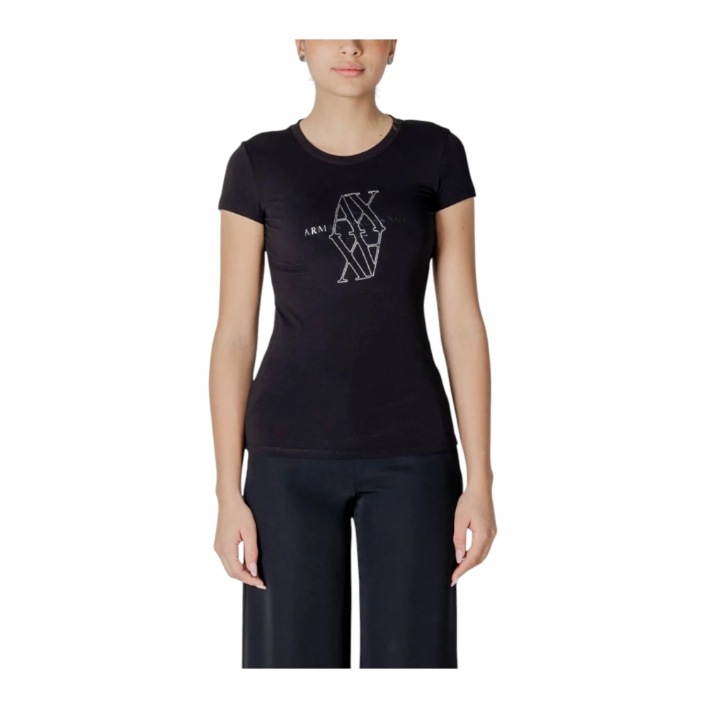 Armani Exchange Women's Black T-Shirts, Xs, Monogram Crystal Tee Slim Fit