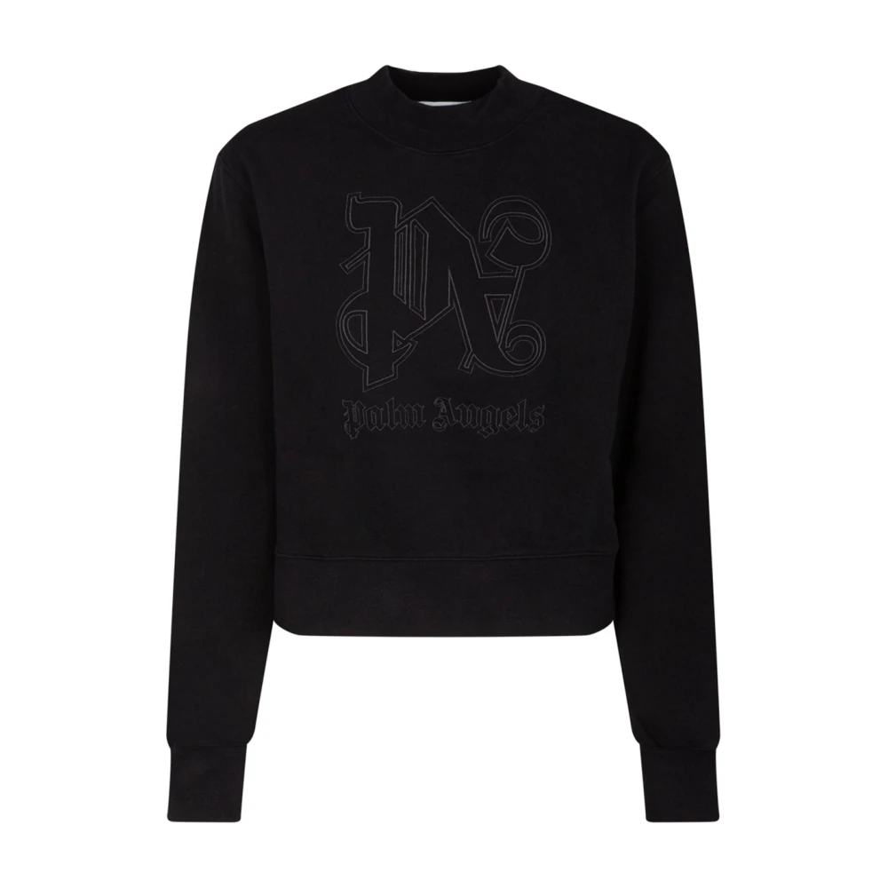 Palm Angels Women's Black Cropped Sweatshirt With Logo Embroideries